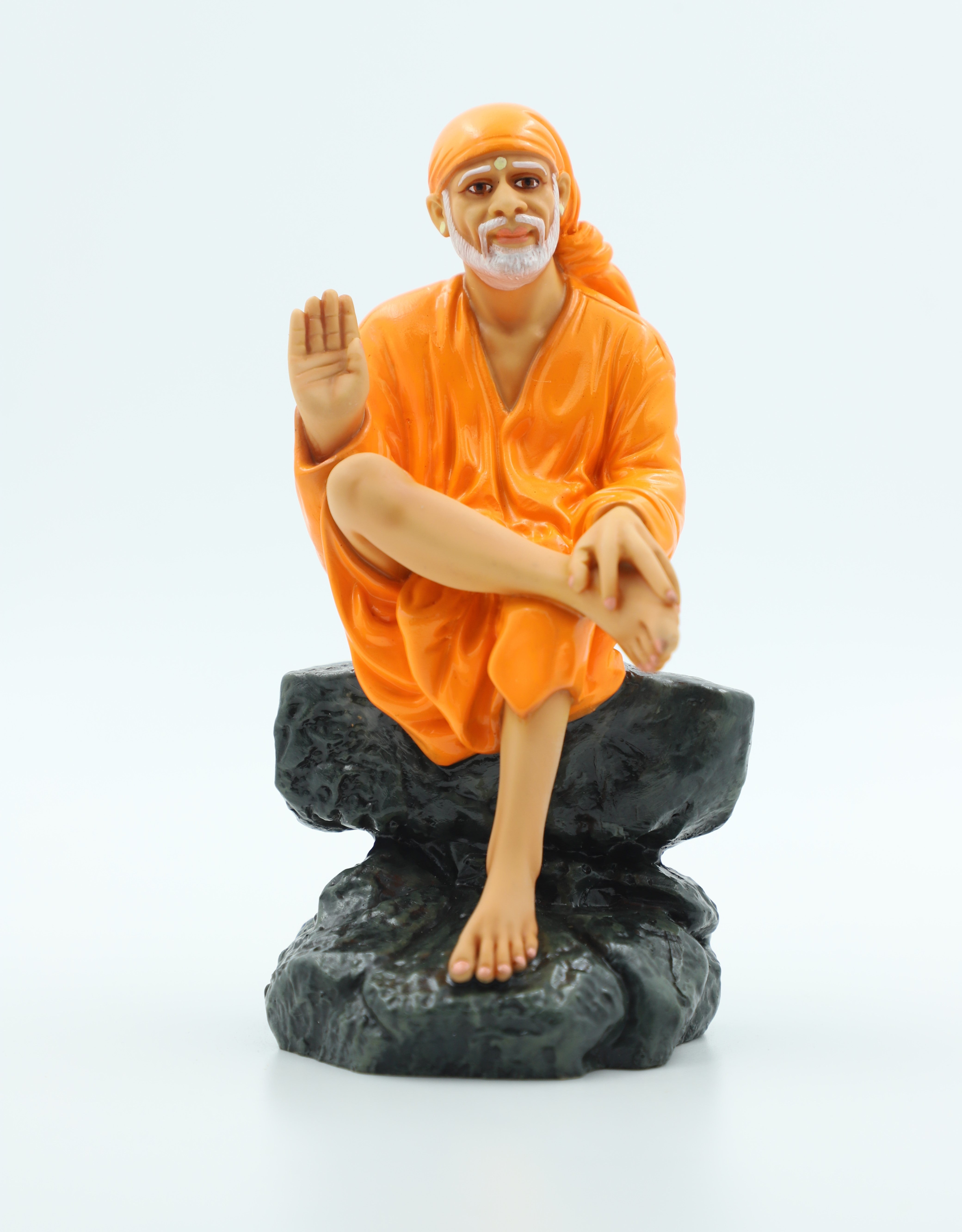 🙏 Hemant Art Shirdi Sai Baba Idol🛕 – Sitting on Stone, Aashirwad Hand – 6.5 Inch (White ), Handcrafted Resin Murti